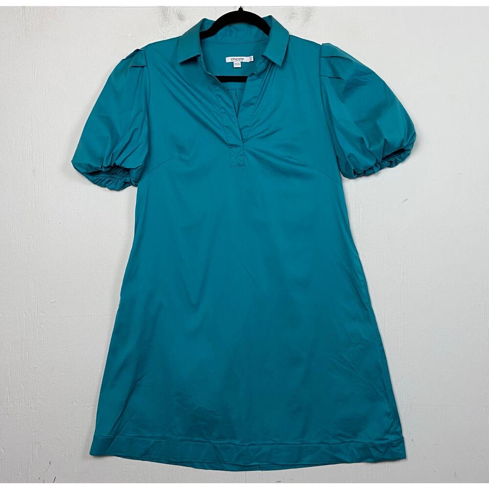 Chico’s Women's Blue Cotton Stretch Puff Sleeve Shift Shirt Dress Size XS